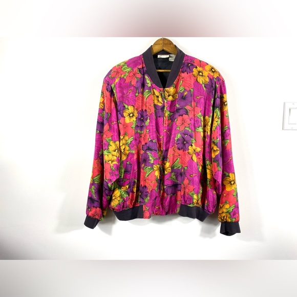 1980’s Vintage Silk Bomber Jacket Floral Vibrant Colourful Novelty Shoulder Pads - Picture 2 of 12